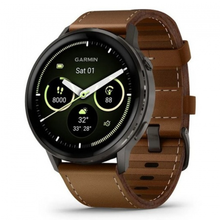 умные часы watch garmin venu 4 45 mm slate black leather brown 010-03014-03